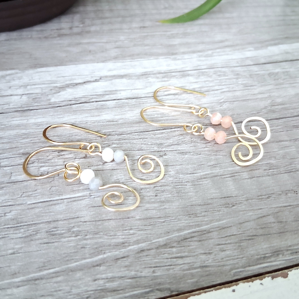 Gold Swirl Earrings with White and Pink Accents, 2 Pairs
